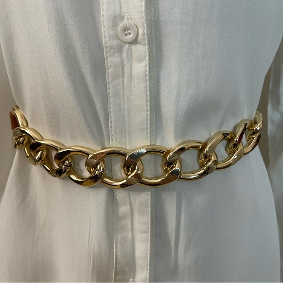 Accessories - Brown faux leather gold tone chained elastic waistband skinny belt